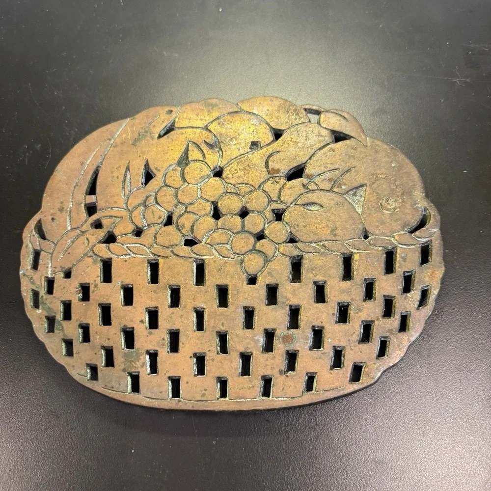 Fruit Basket Copper Cast Iron Trivet Hot Plate Hanging Vintage Odi Taiwan 1990‎
